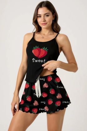 Çilek Baskılı  Askılı Şortlu Pijama