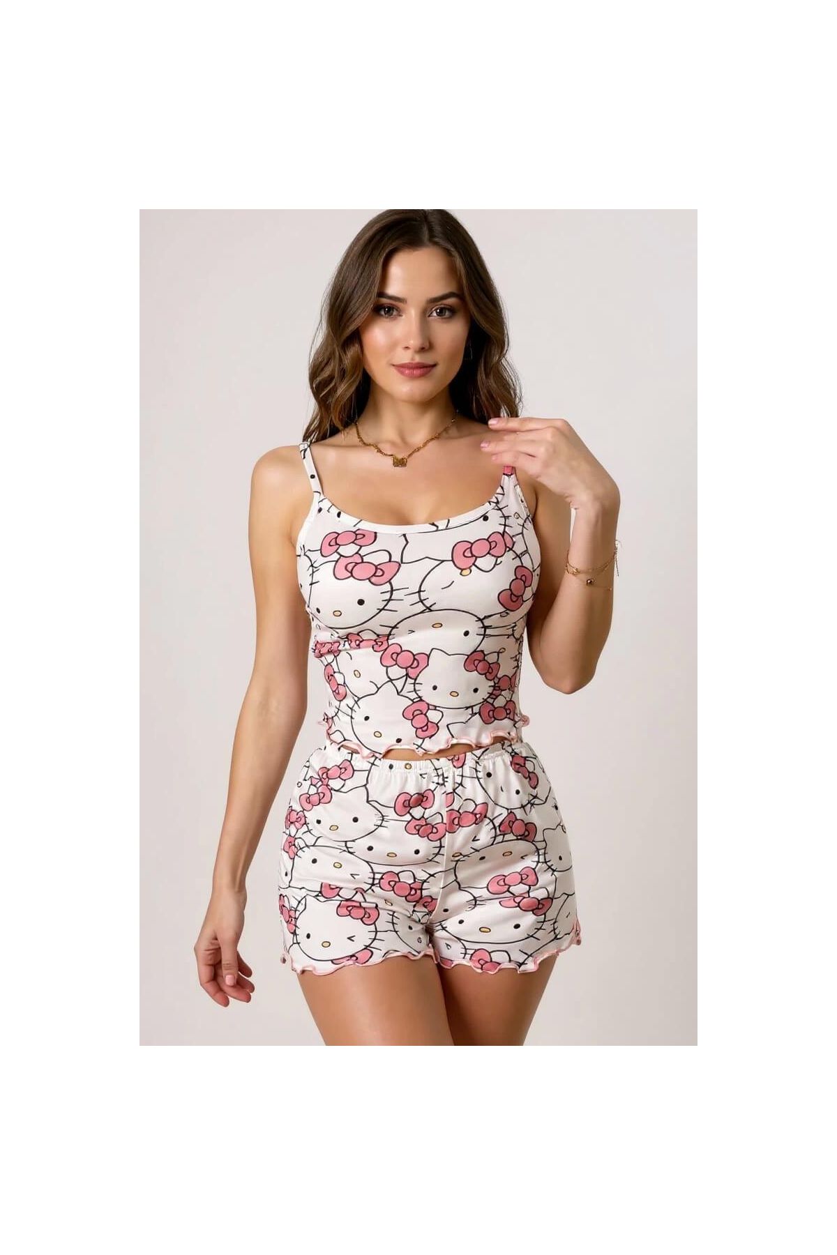 Hello Kitty Baskılı Askılı Şortlu Pijama