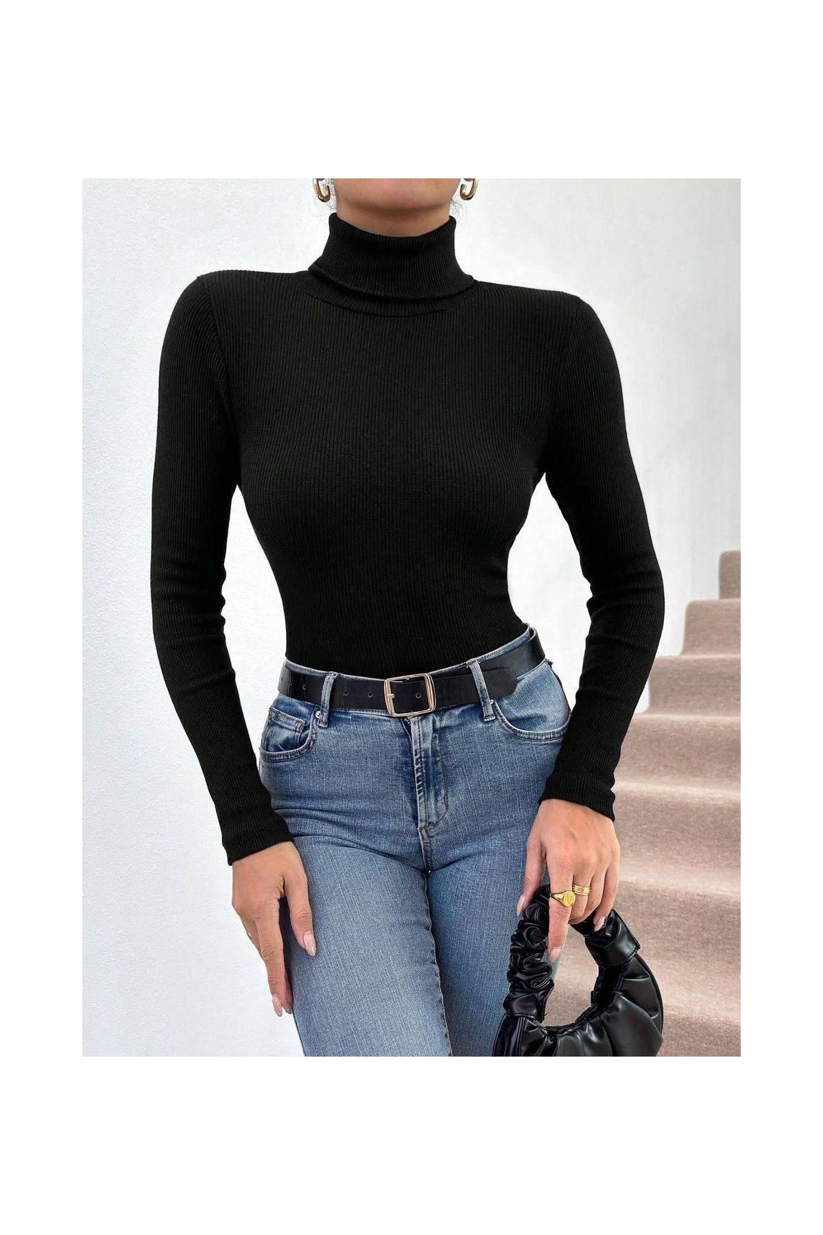 Balıkçı yaka dar kesim kaşkorse kazak siyah