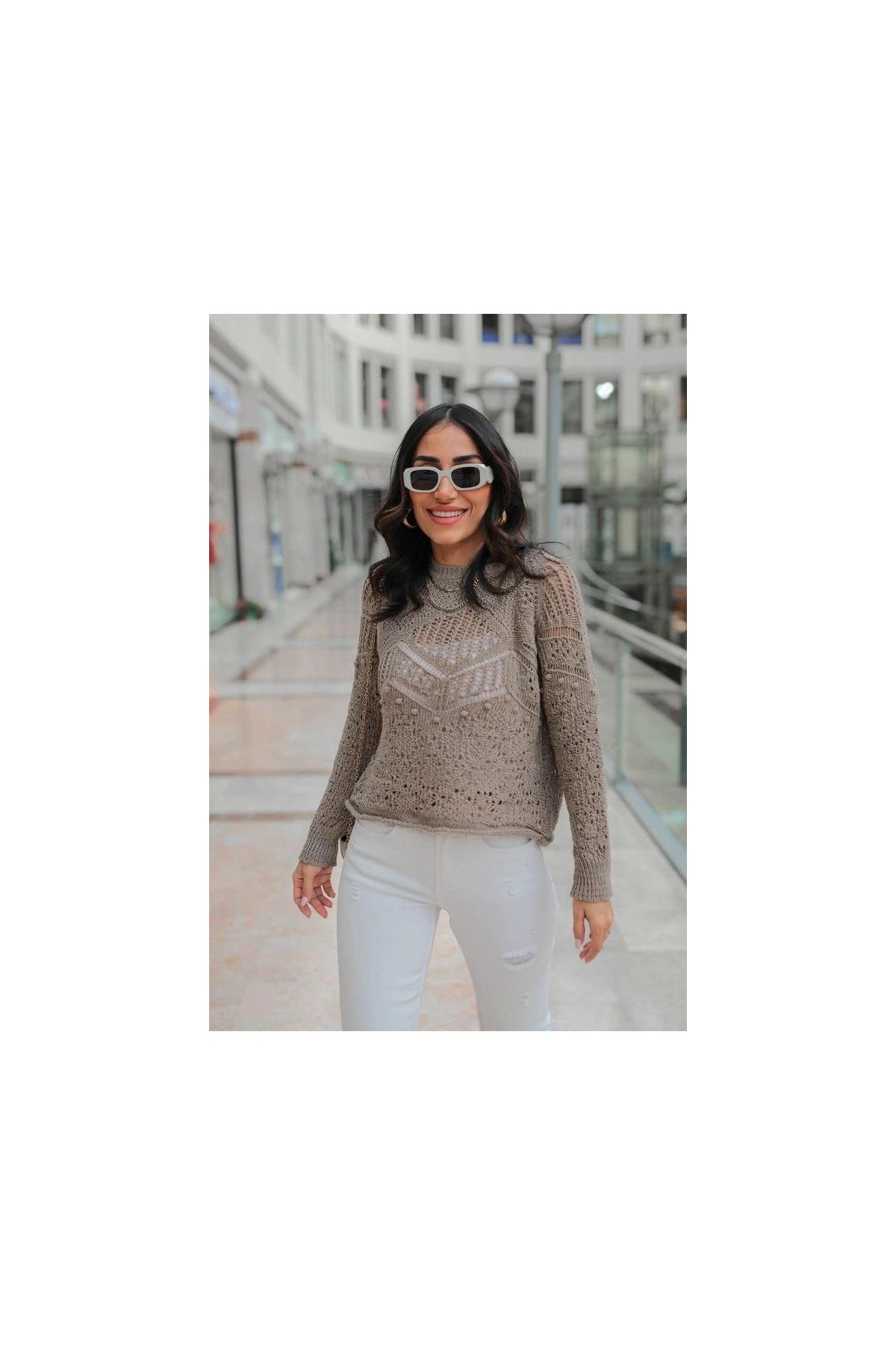 Desenli triko kazak gri