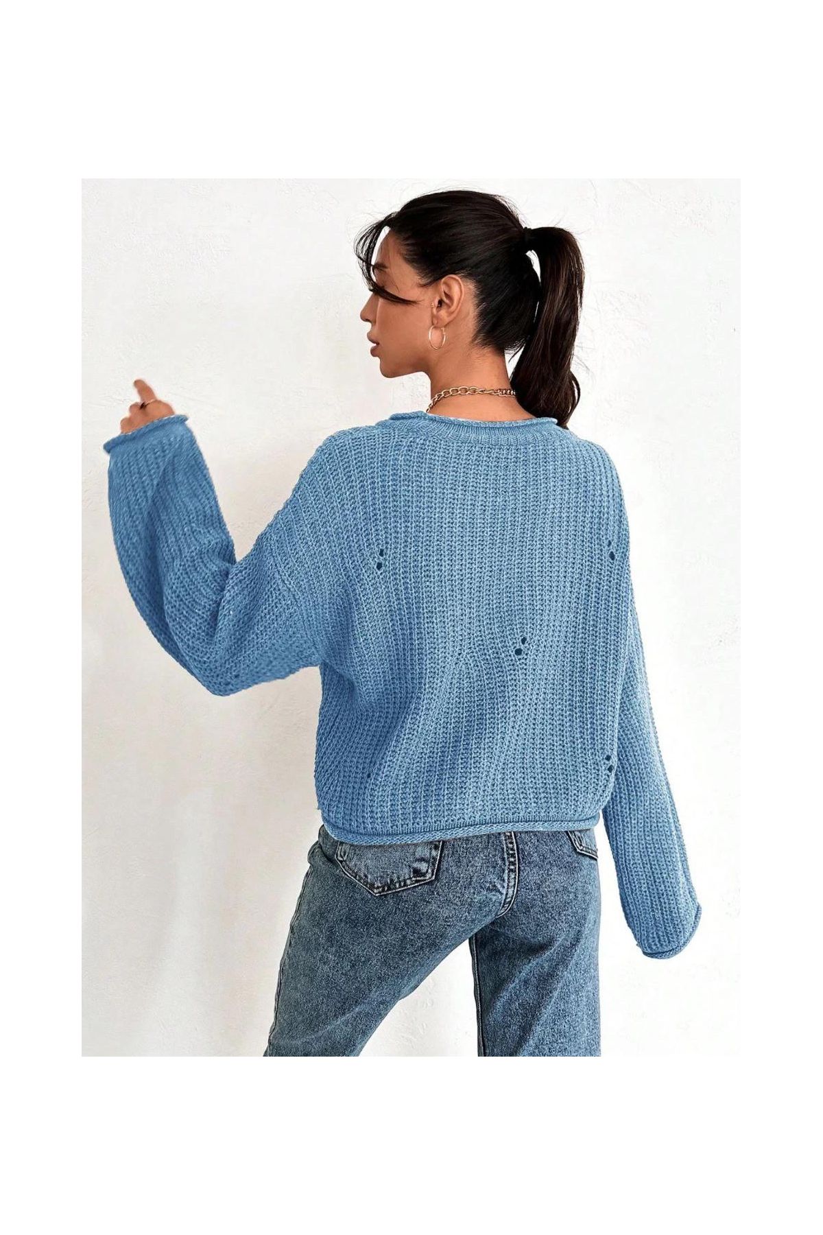 Salaş delik detaylı kazak mavi