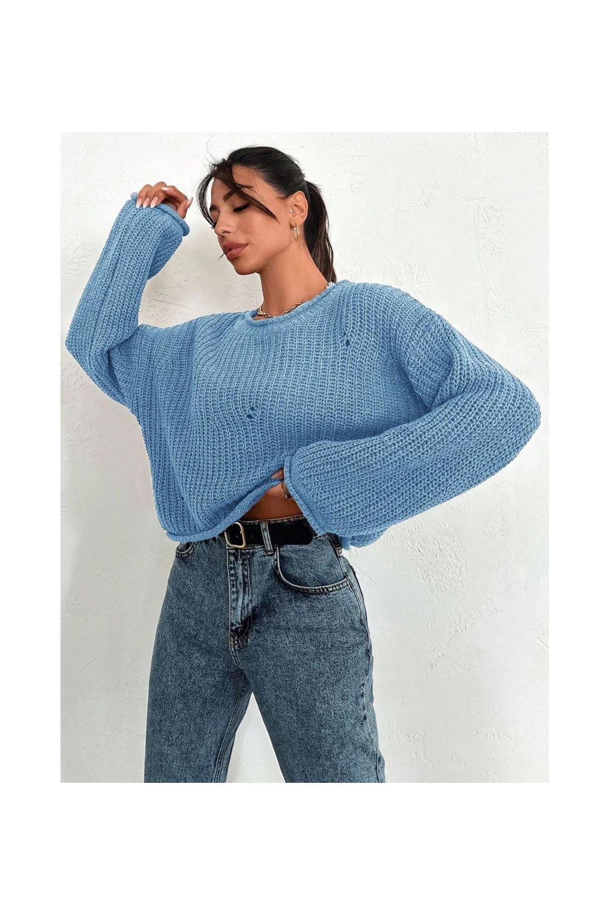 Salaş delik detaylı kazak mavi