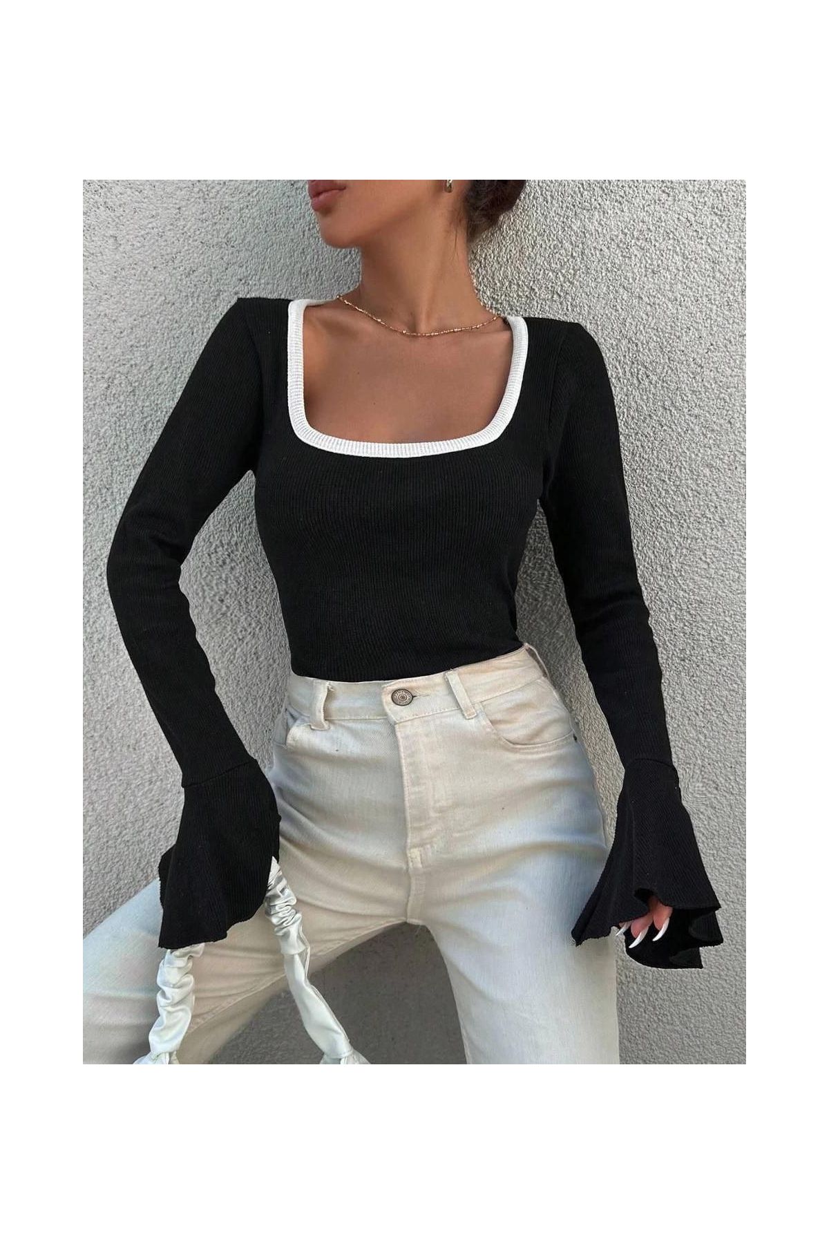 Kare yaka garni detay ispanyol kol bluz siyah