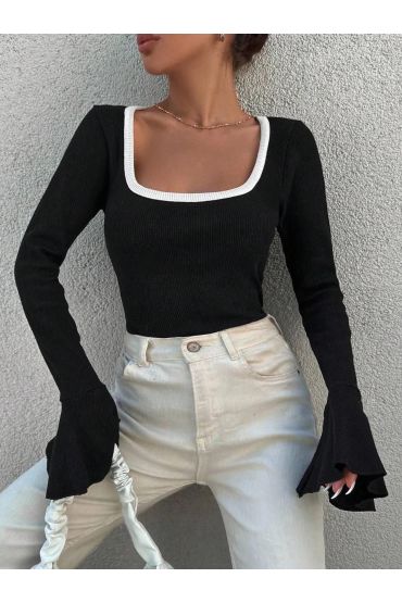 Kare yaka garni detay ispanyol kol bluz siyah