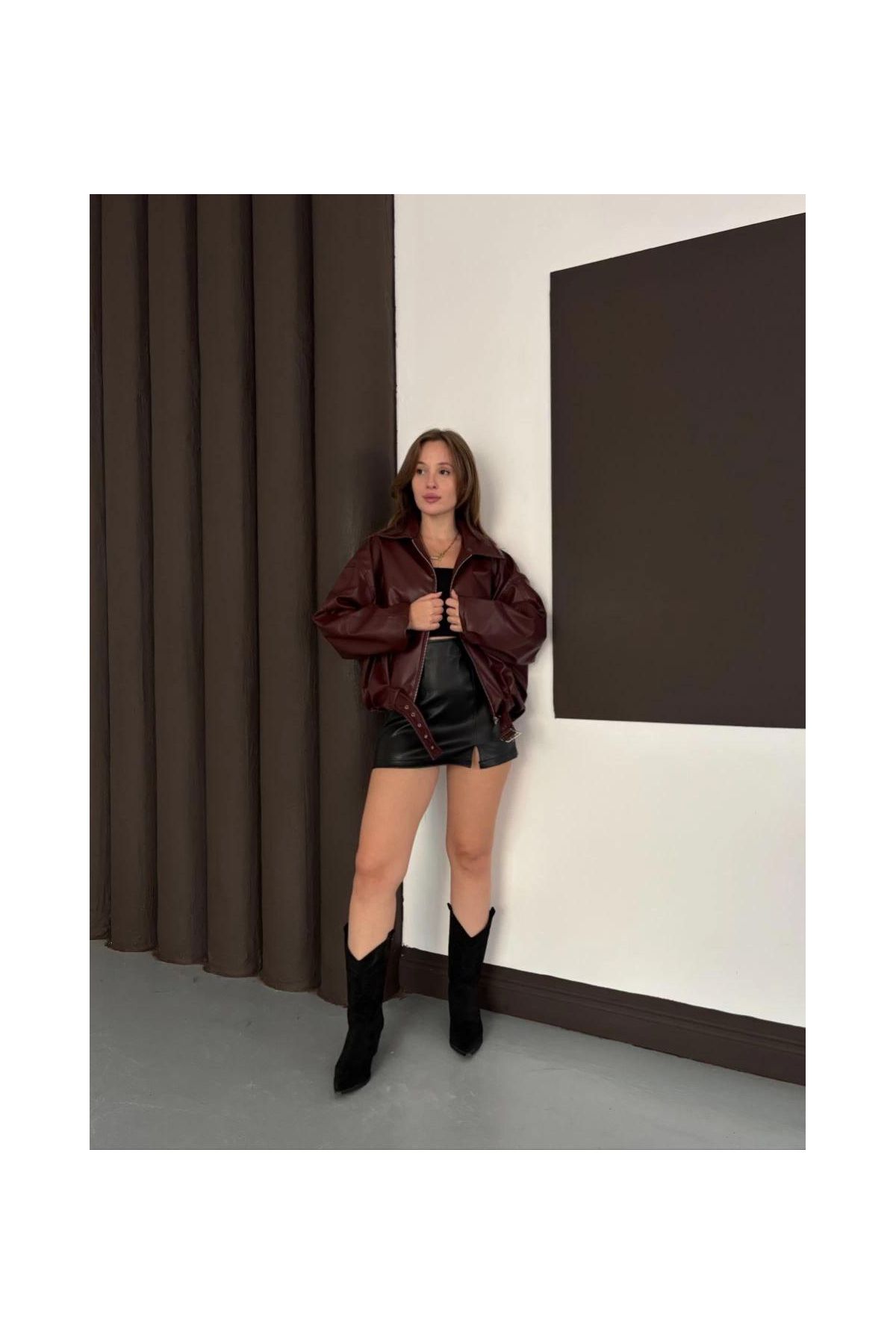 Astarlı kemerli pb deri ceket bordo onst