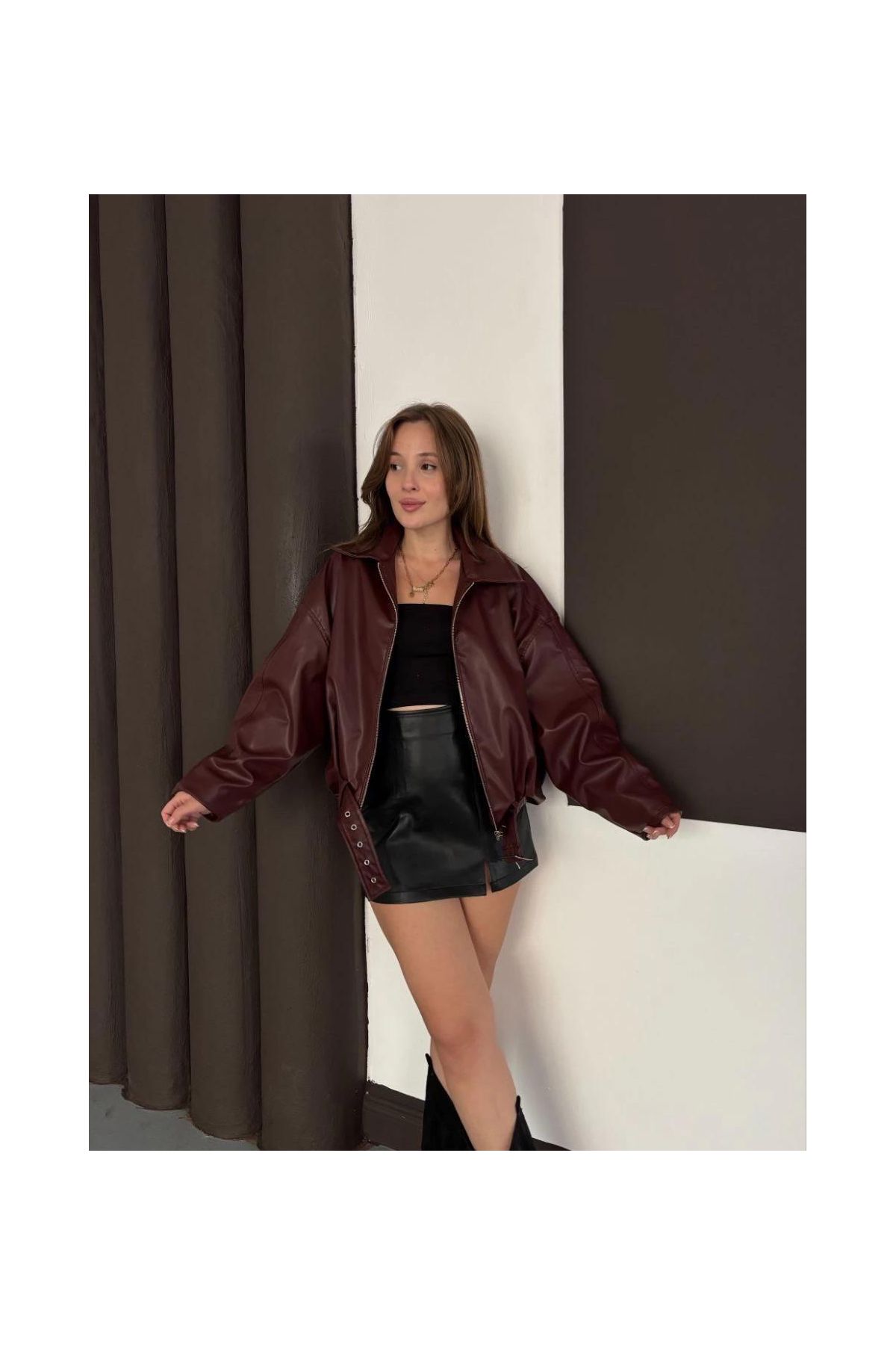 Astarlı kemerli pb deri ceket bordo onst