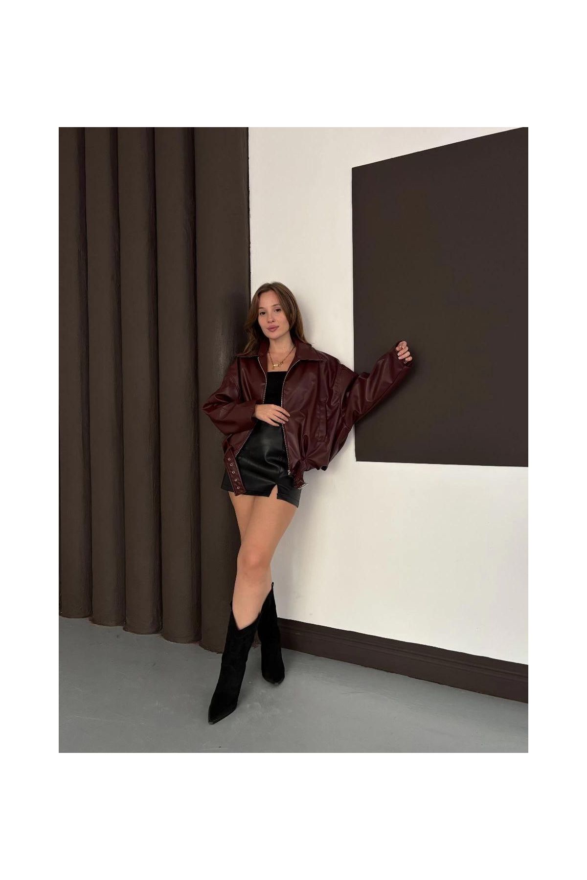 Astarlı kemerli pb deri ceket bordo onst