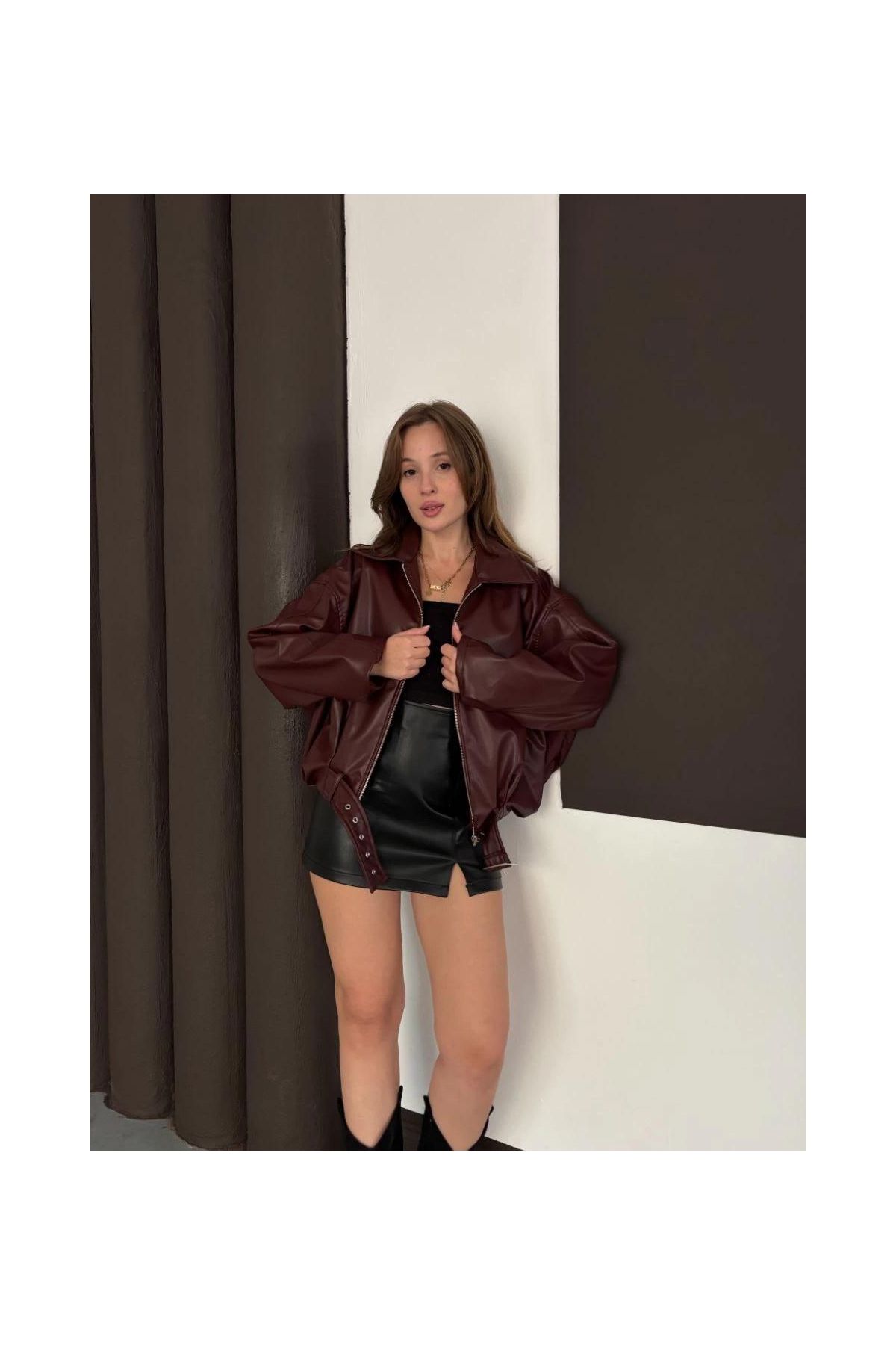 Astarlı kemerli pb deri ceket bordo onst