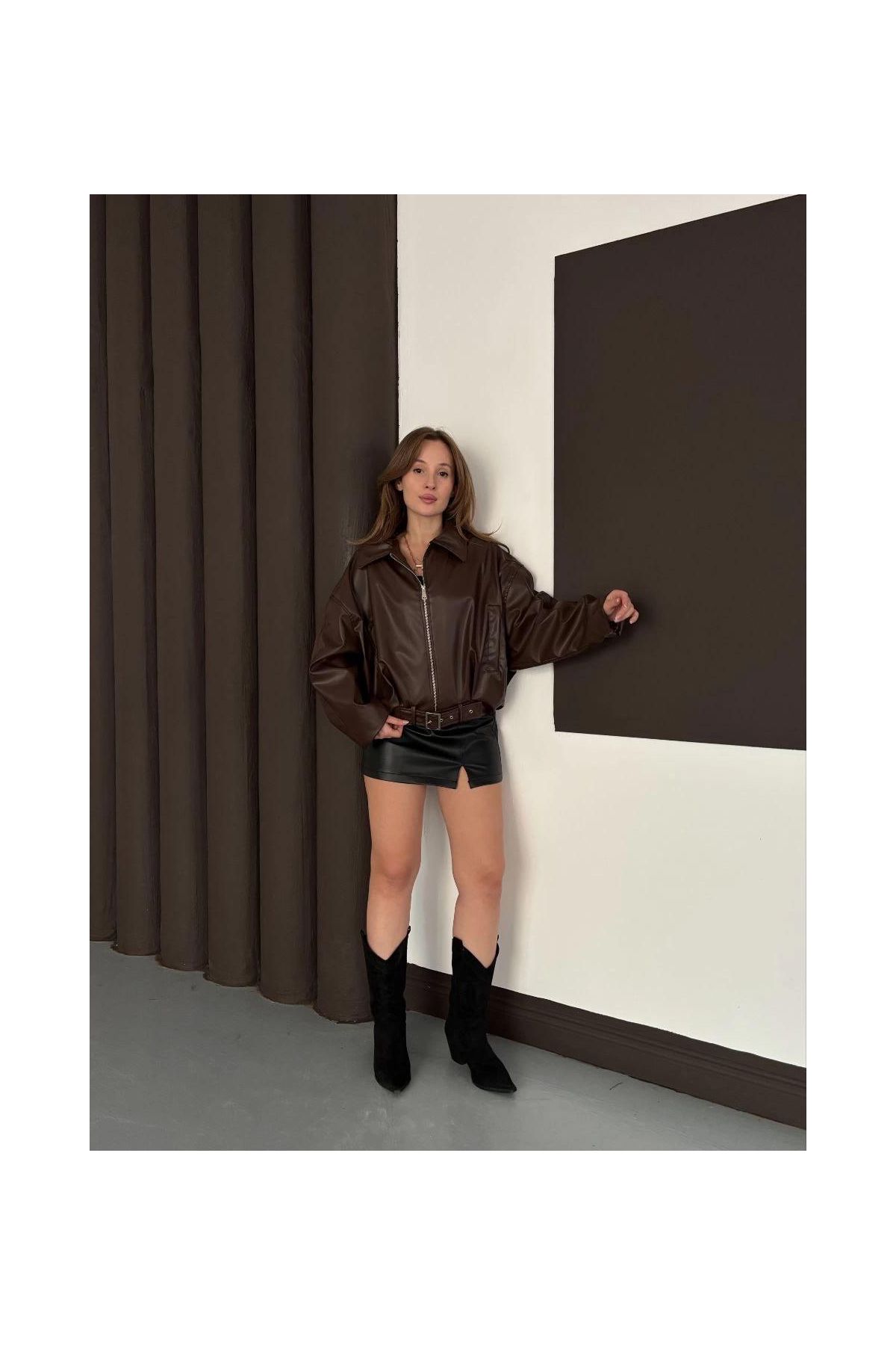 Astarlı kemerli pb deri ceket kahve onst