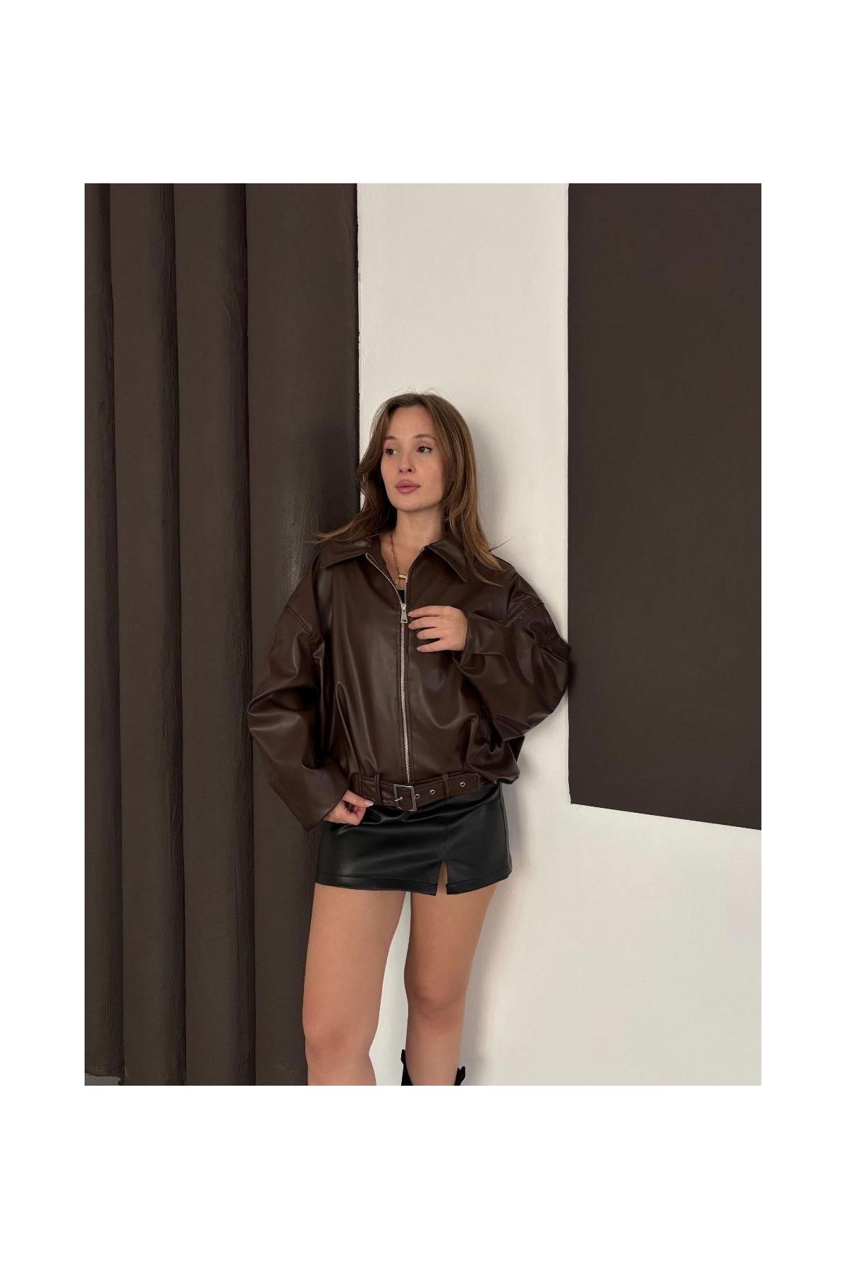 Astarlı kemerli pb deri ceket kahve onst