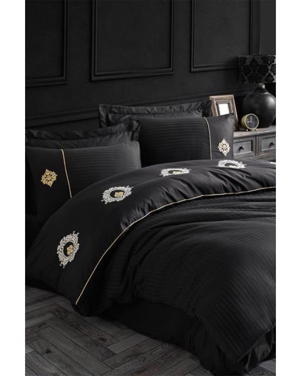 Elegant Nakışlı Pamuk Saten Çift Kişilik Nevresim Takımı Olimpos Siyah