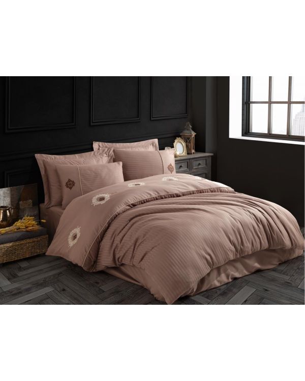 Elegant Nakışlı Pamuk Saten Çift Kişilik Nevresim Takımı Olimpos Kahve