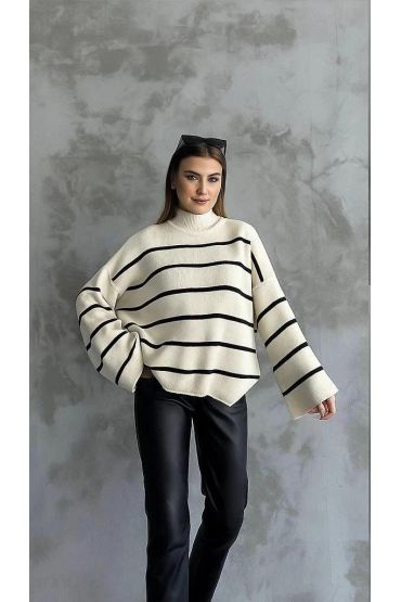 Çizgili ispanyol kol triko boğazlı kazak beyaz elf