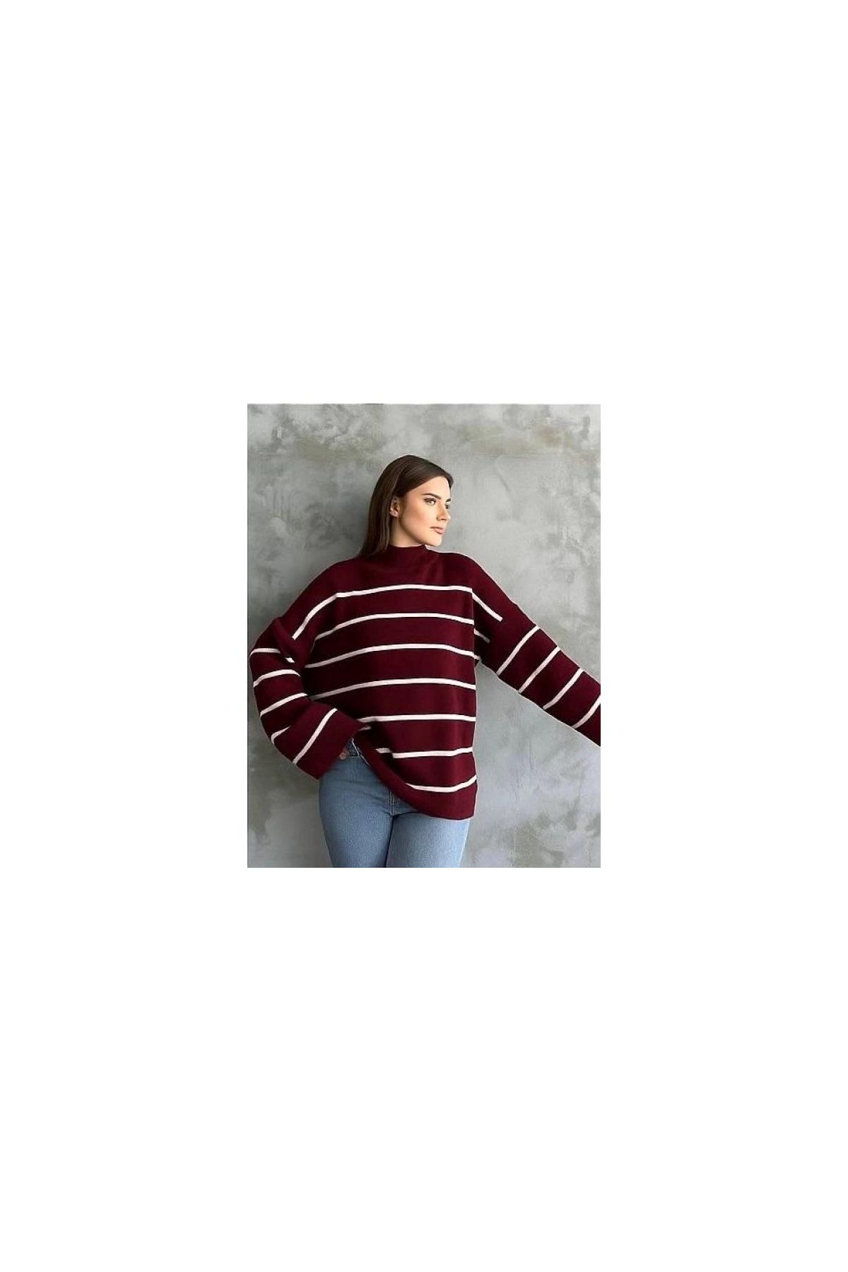 Çizgili ispanyol kol triko boğazlı kazak bordo elf