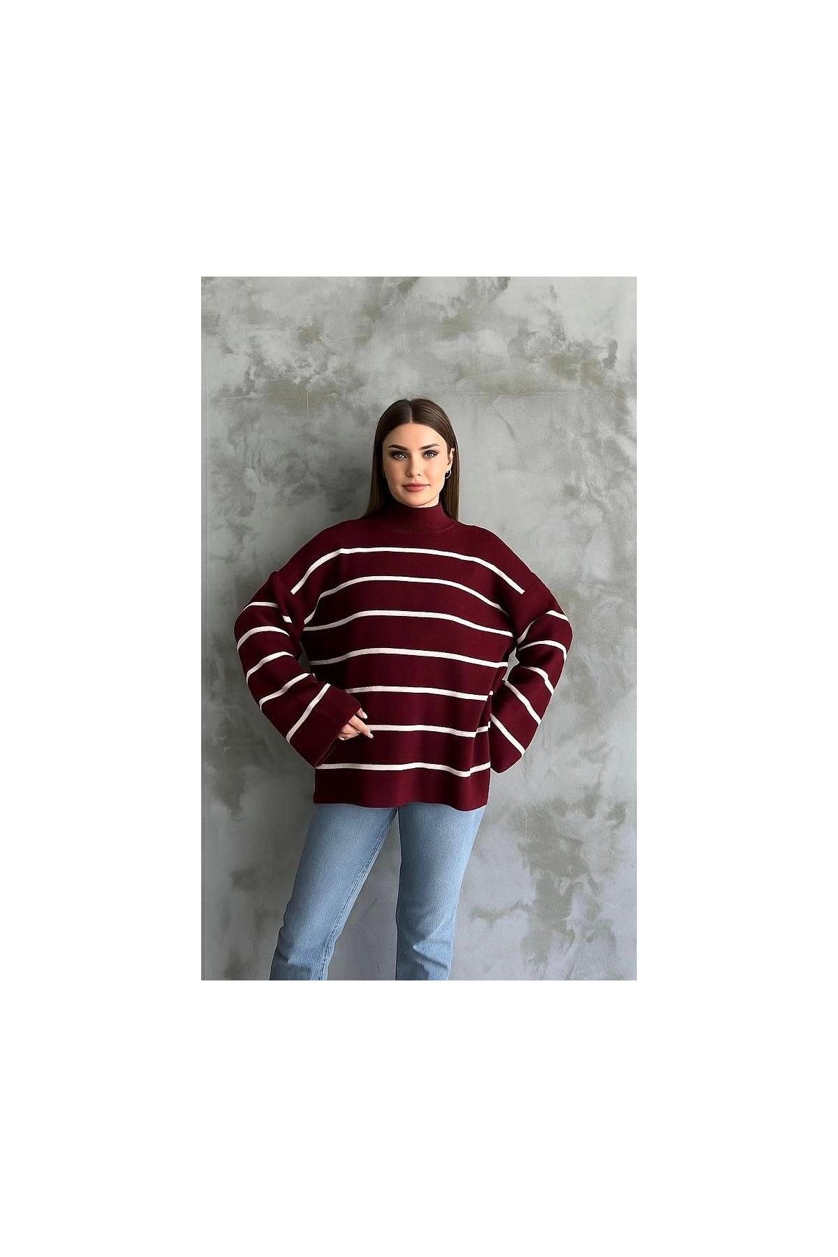 Çizgili ispanyol kol triko boğazlı kazak bordo elf