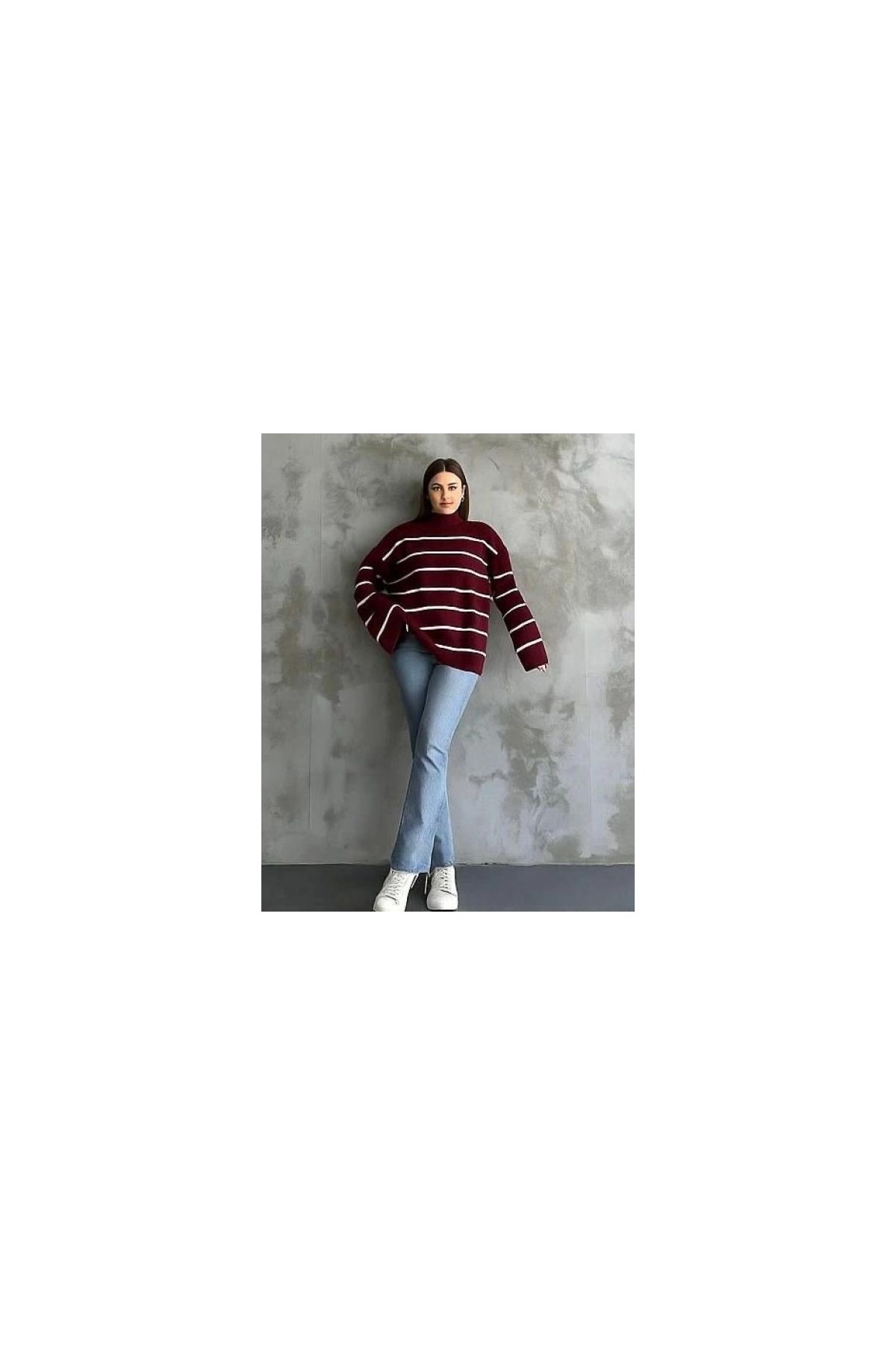 Çizgili ispanyol kol triko boğazlı kahve beyaz elf