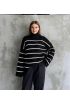 Çizgili ispanyol kol triko boğazlı kazak siyah elf
