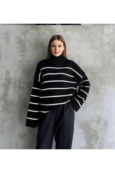 Çizgili ispanyol kol triko boğazlı kazak siyah elf