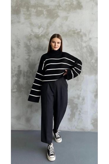 Çizgili ispanyol kol triko boğazlı kazak siyah elf