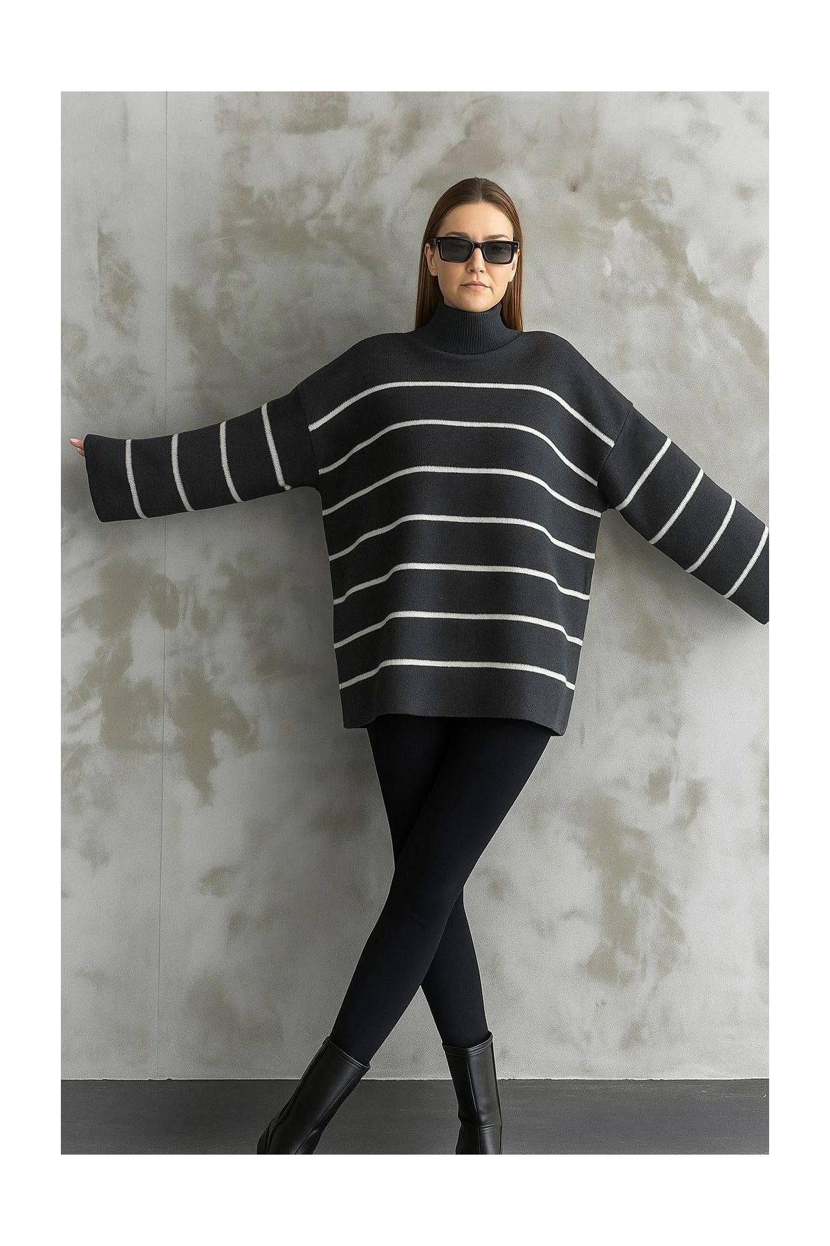 Çizgili ispanyol kol triko boğazlı kazak antrasit elf