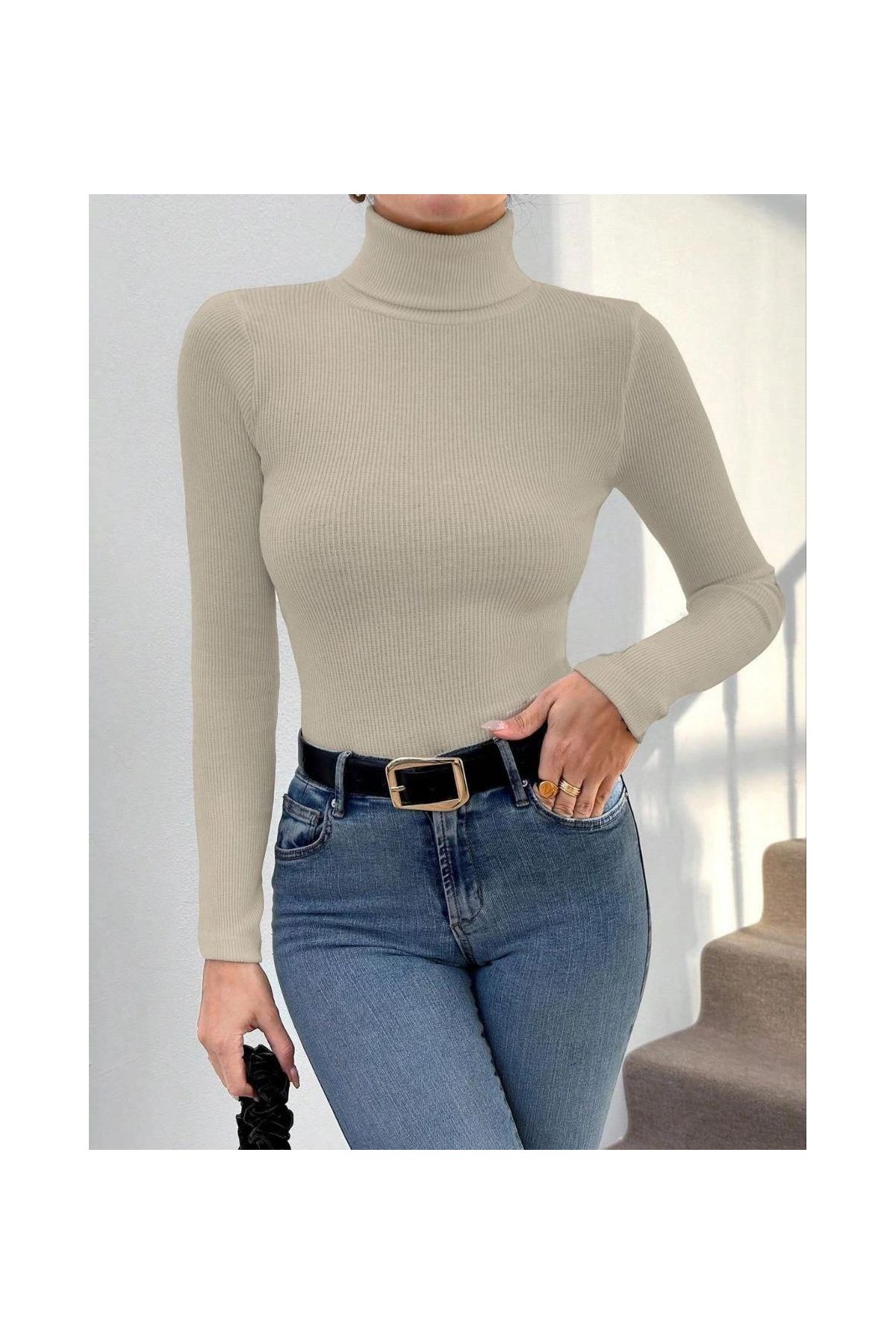 Balıkçı yaka dar kesim kaşkorse kazak bej