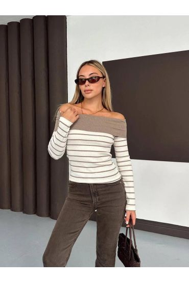 Çizgili madonna yaka kaşkorse bluz bej a844