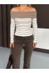 Çizgili madonna yaka kaşkorse bluz bej a844