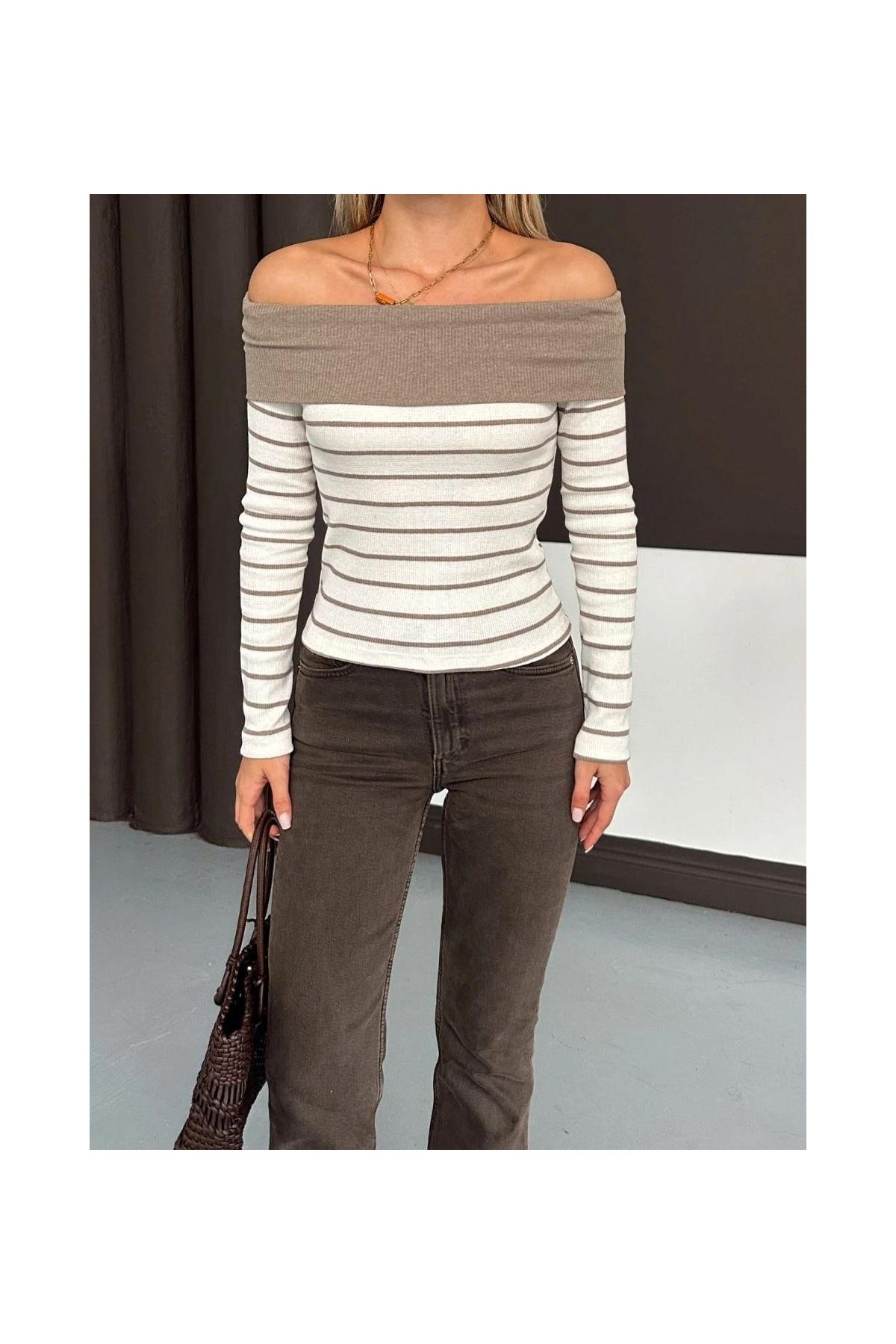 Çizgili madonna yaka kaşkorse bluz bej a844