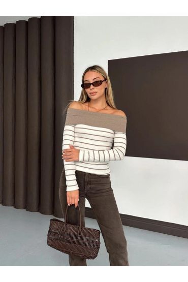Çizgili madonna yaka kaşkorse bluz bej a844