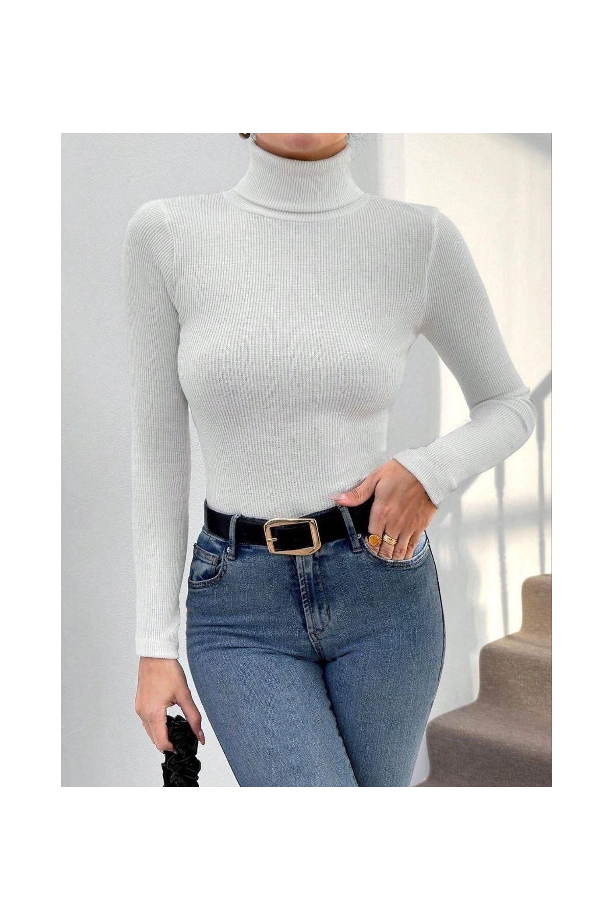 Balıkçı yaka dar kesim kaşkorse kazak beyaz