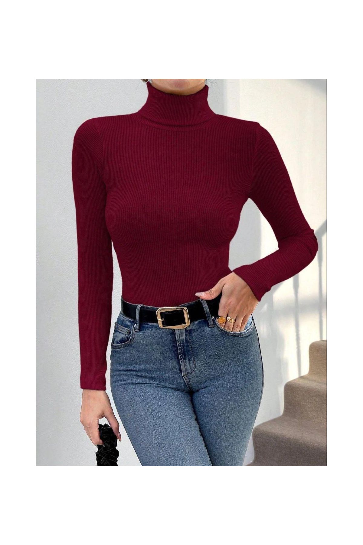 Balıkçı yaka dar kesim kaşkorse kazak bordo