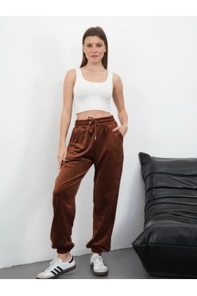 Paça lastikli kadife eşofman kahve md34