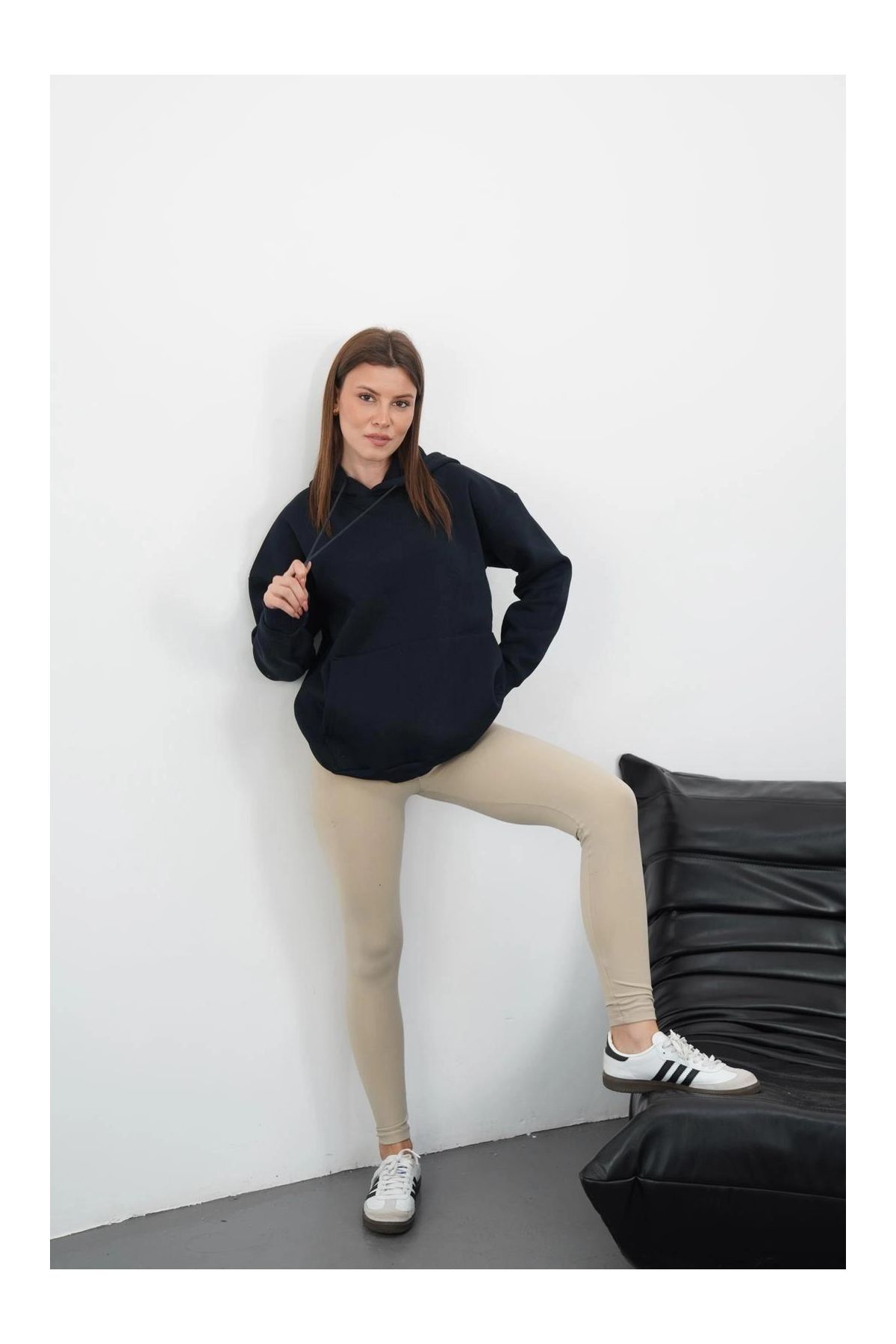 3 iplik şardonlu kapşonlu swetshirt lacivert md63