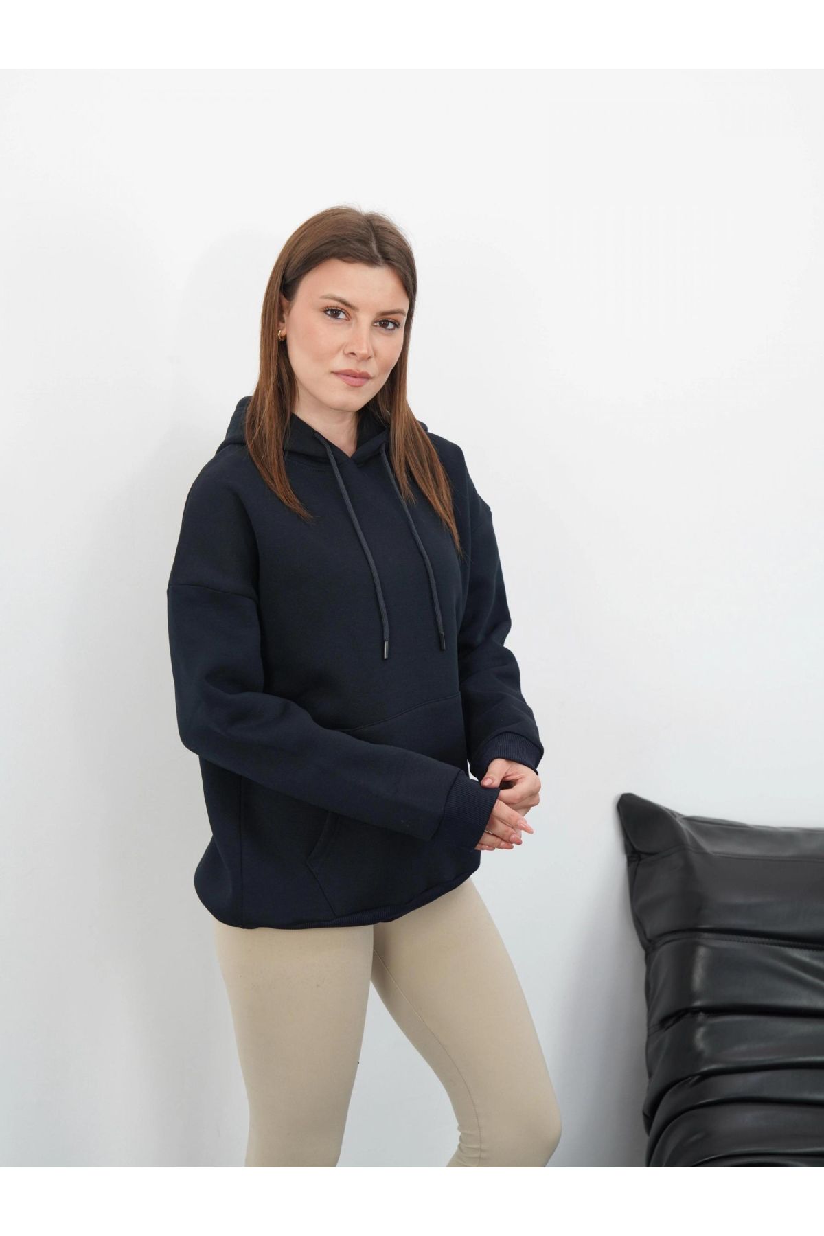 3 iplik şardonlu kapşonlu swetshirt lacivert md63