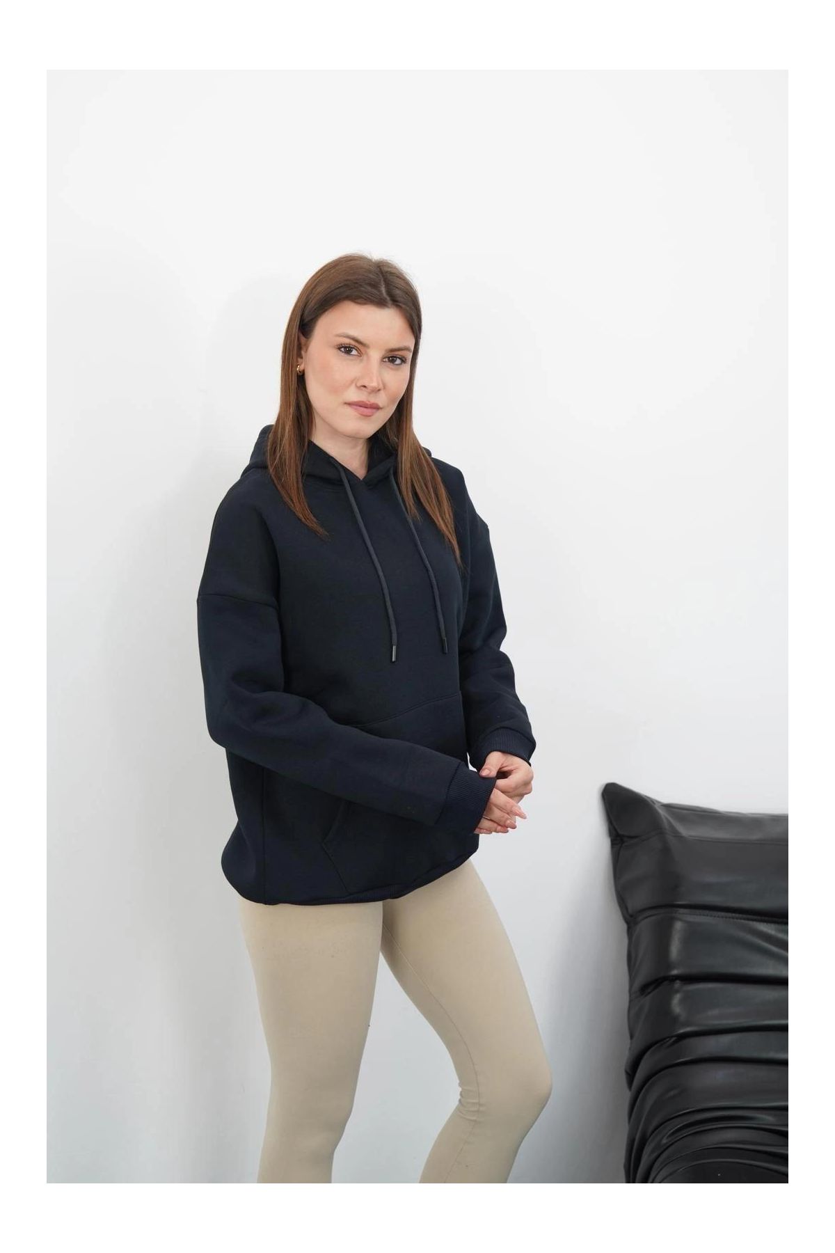 3 iplik şardonlu kapşonlu swetshirt lacivert md63