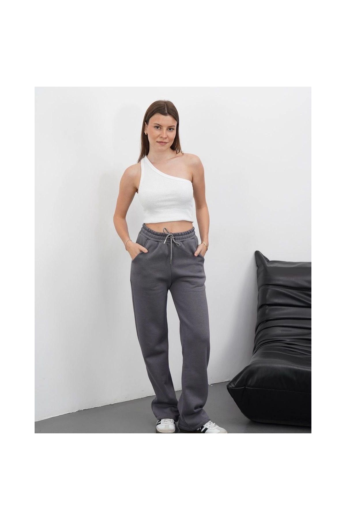 3 iplik şardonlu palazzo pantolon füme md64