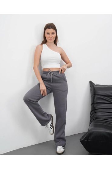 3 iplik şardonlu palazzo pantolon füme md64