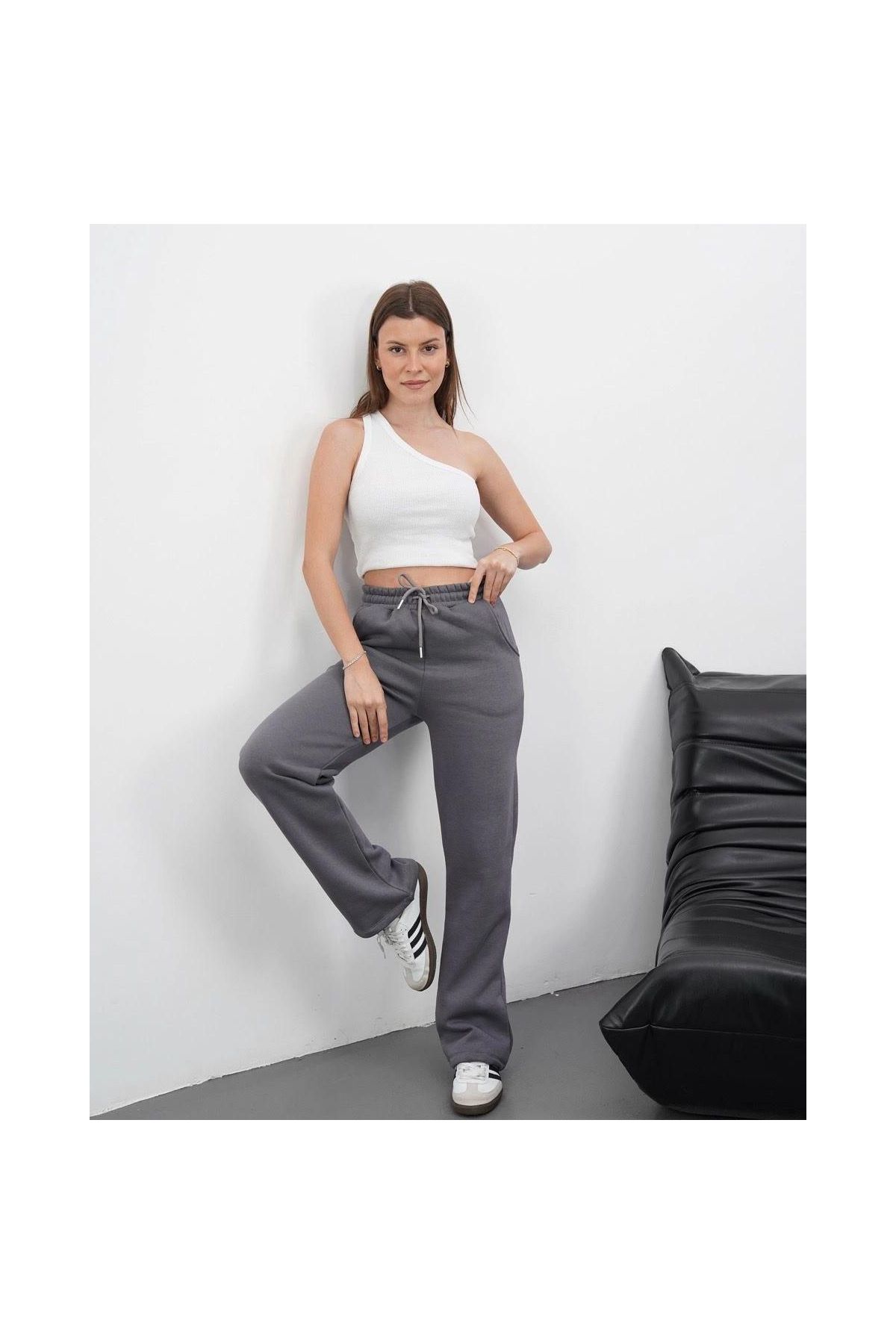 3 iplik şardonlu palazzo pantolon füme md64