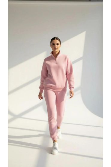 3 iplik Şardonlu yarım fermuarlı sweatshirt somon