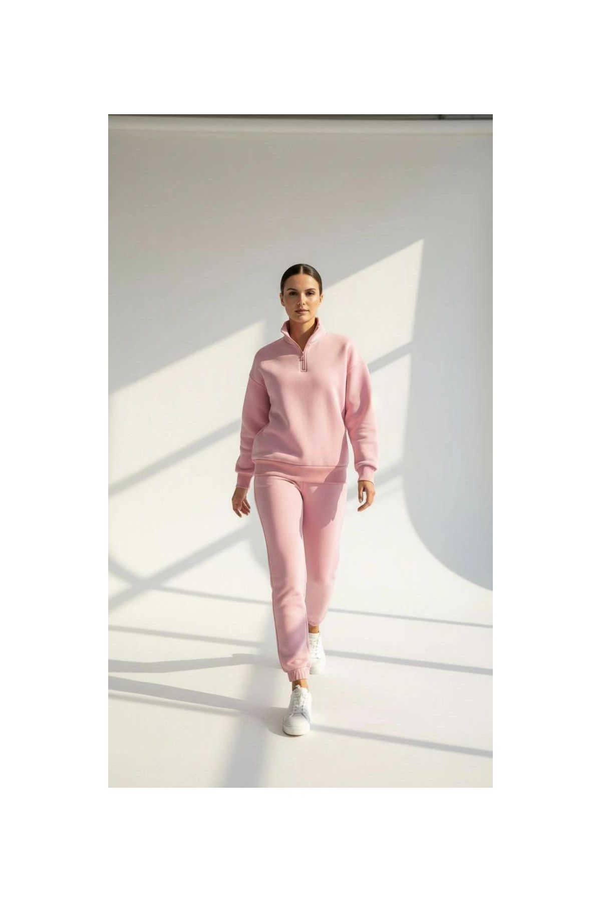 3 iplik Şardonlu yarım fermuarlı sweatshirt somon