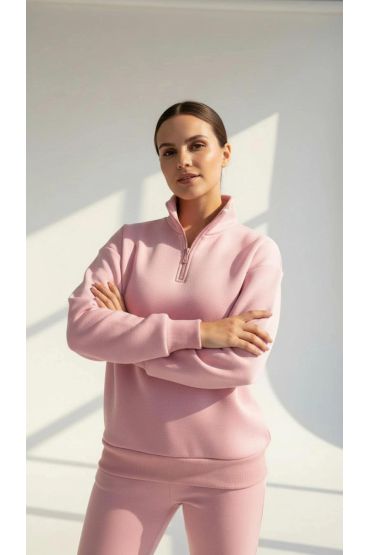 3 iplik Şardonlu yarım fermuarlı sweatshirt somon