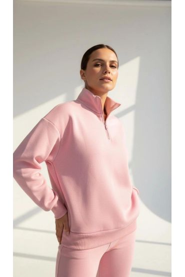 3 iplik Şardonlu yarım fermuarlı sweatshirt somon