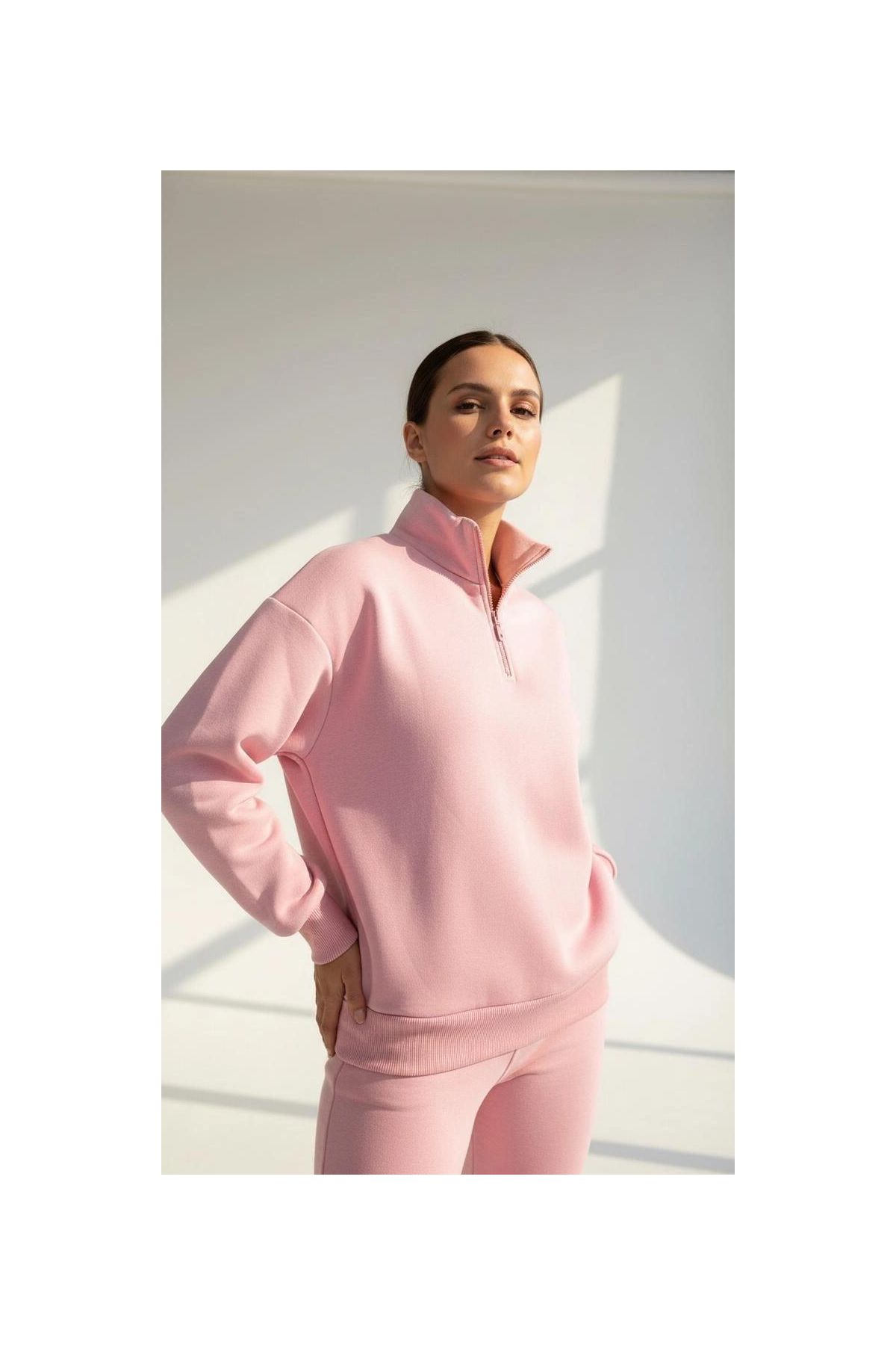 3 iplik Şardonlu yarım fermuarlı sweatshirt somon