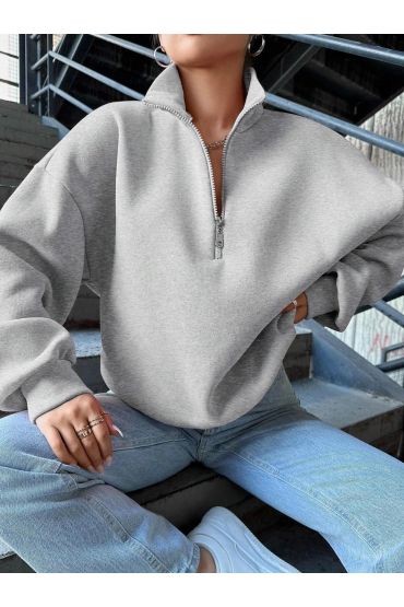3 iplik Şardonlu yarım fermuarlı sweatshirt gri