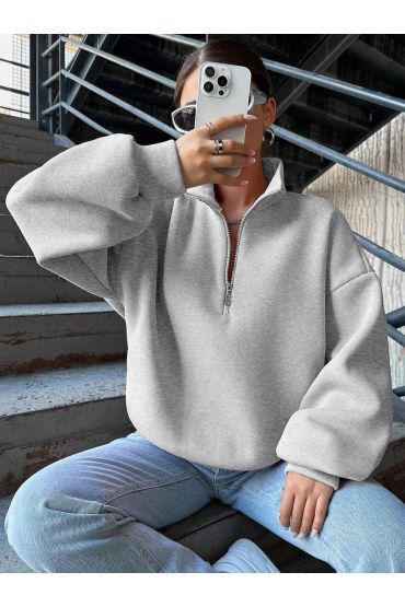 3 iplik Şardonlu yarım fermuarlı sweatshirt gri
