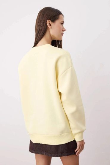 3 iplik şardonlu bisiklet yaka sweatshirt sarı