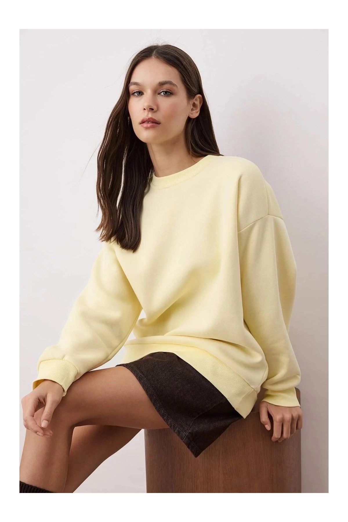 3 iplik şardonlu bisiklet yaka sweatshirt sarı