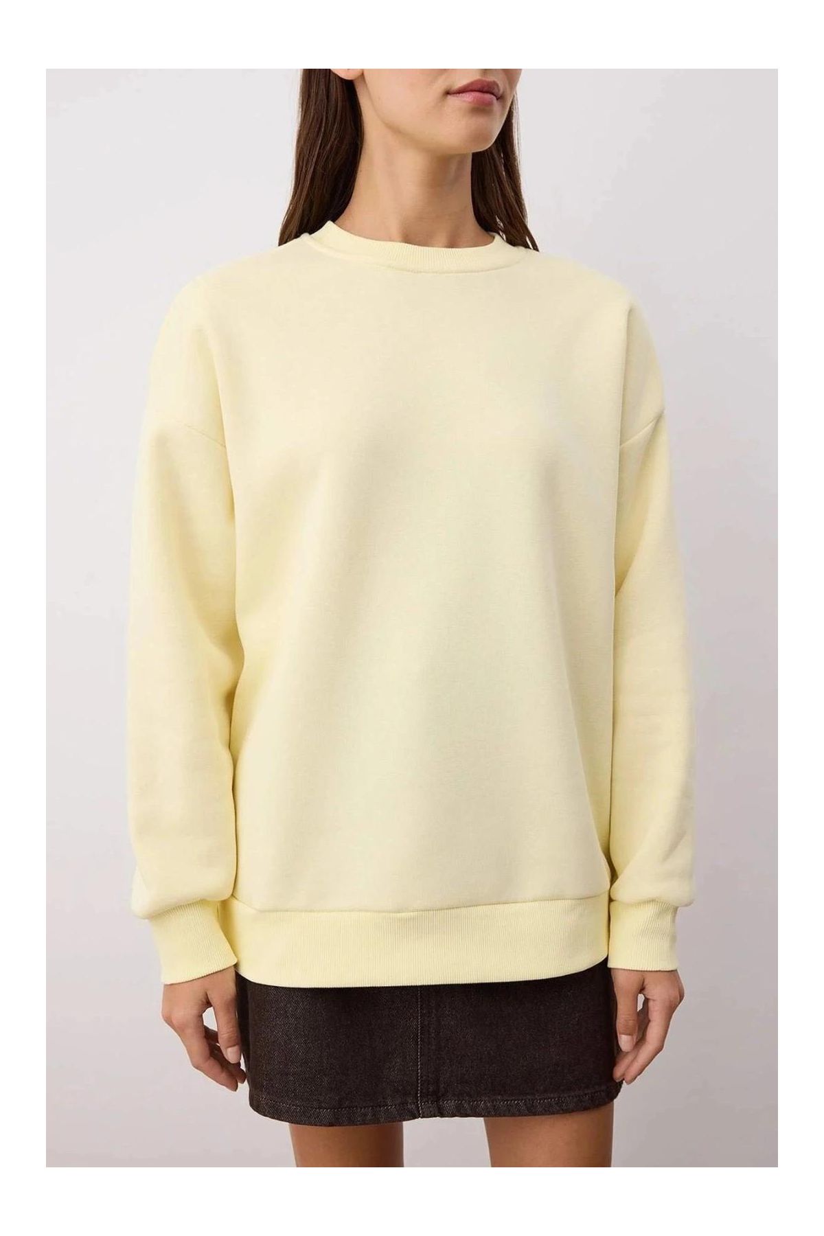 3 iplik şardonlu bisiklet yaka sweatshirt sarı