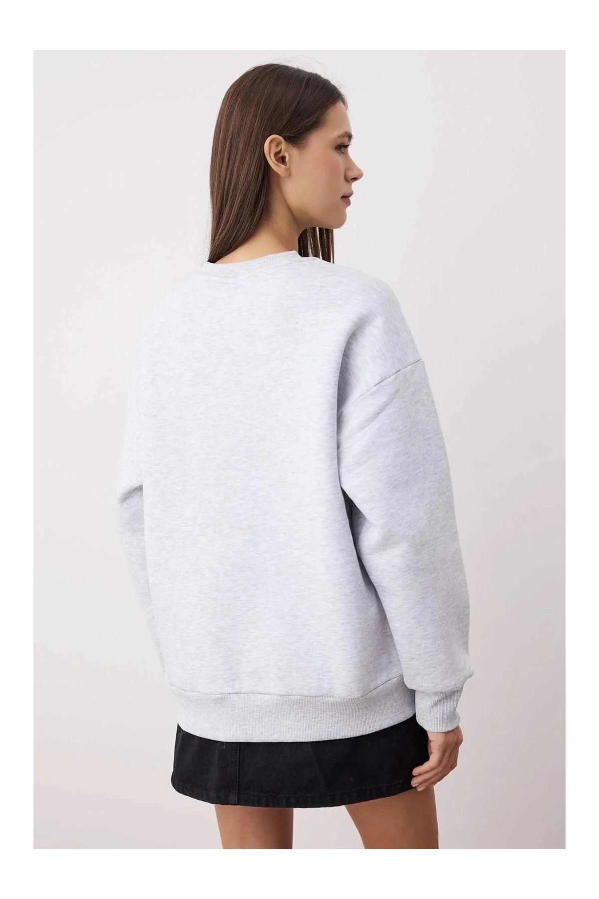 3 iplik şardonlu bisiklet yaka sweatshirt gri