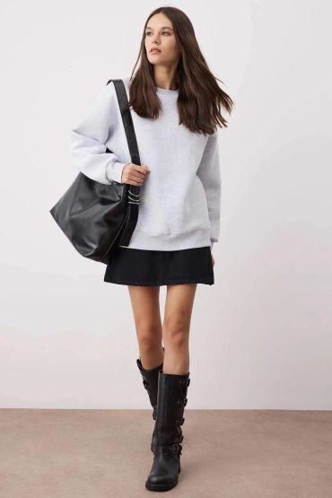 3 iplik şardonlu bisiklet yaka sweatshirt gri